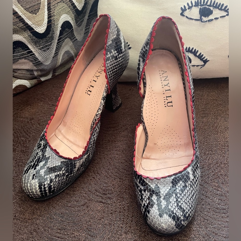 Anyi Lu Snakeskin Style Block Heel With Red Trim